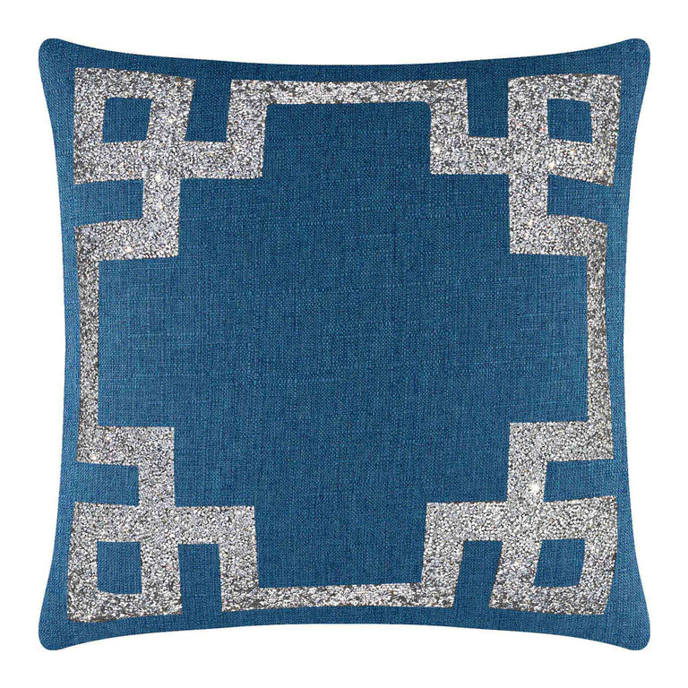 Square teal pillow featuring a silver rhinestone Greek Key border with a textured fabric surface.