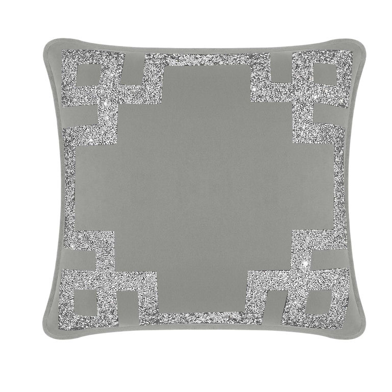 Square&#x20;silver&#x20;velvet&#x20;pillow&#x20;featuring&#x20;a&#x20;Greek&#x20;Key&#x20;motif&#x20;with&#x20;a&#x20;silver&#x20;rhinestone&#x20;border&#x20;and&#x20;a&#x20;smooth&#x20;texture.