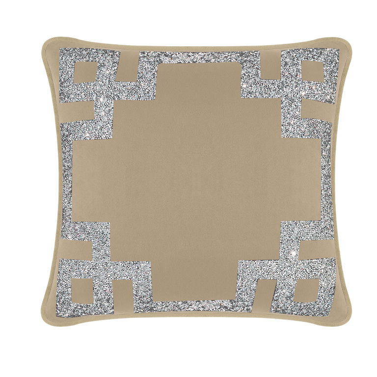 Taupe velvet pillow with silver rhinestone Greek Key border 16"x16" soft texture square shape elegant design.