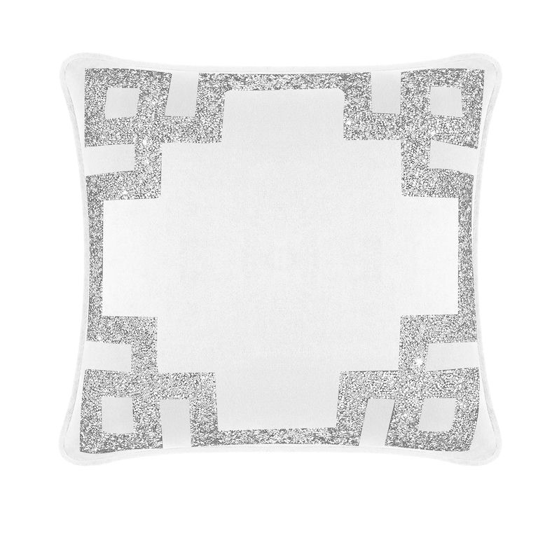 White velvet pillow with a silver rhinestone Greek Key border featuring a smooth texture and square shape.