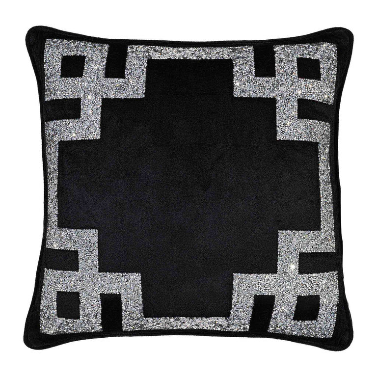 Black pillow with a Greek Key motif featuring a silver rhinestone border and soft texture measuring 16"x16".
