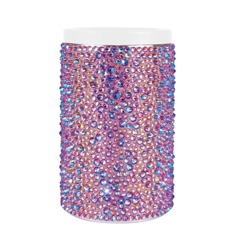 Lavender&#x20;iridescent&#x20;stainless&#x20;steel&#x20;can&#x20;insulator&#x20;adorned&#x20;with&#x20;glass&#x20;rhinestones&#x20;and&#x20;a&#x20;white&#x20;acrylic&#x20;lid.