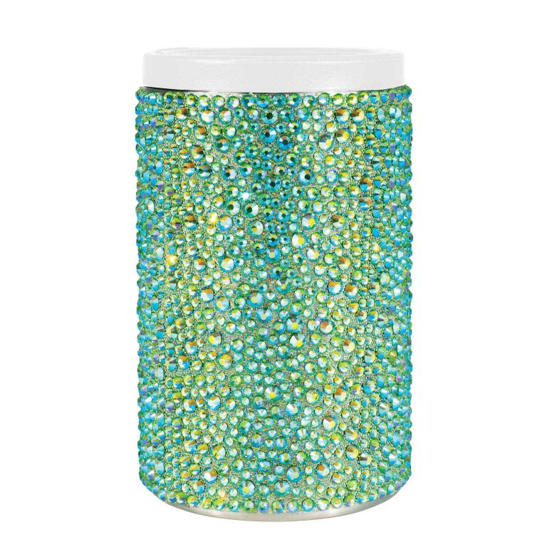 Lime iridescent stainless steel can insulator covered in glass rhinestones with a white acrylic lid.