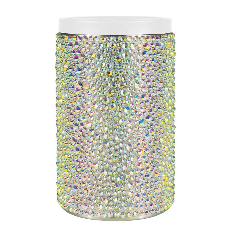 Silver iridescent stainless steel can insulator covered in glass rhinestones with a white acrylic lid.