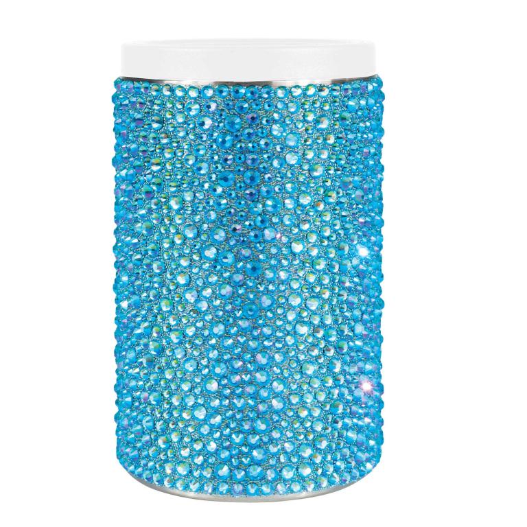 Aqua iridescent stainless steel can insulator covered in glass rhinestones with a white acrylic lid.