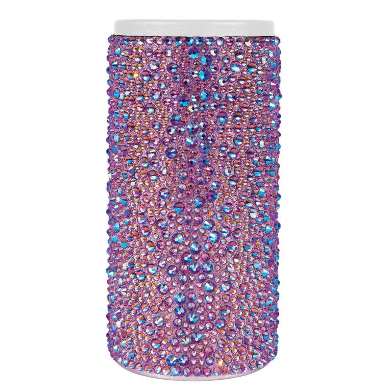 Tall&#x20;can&#x20;insulator&#x20;covered&#x20;in&#x20;lavender&#x20;iridescent&#x20;crystals&#x20;with&#x20;a&#x20;smooth&#x20;white&#x20;top&#x20;and&#x20;a&#x20;shiny&#x20;stainless&#x20;steel&#x20;base.