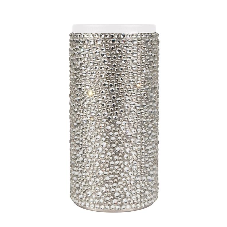 Tall silver stainless steel can insulator covered in clear crystals with a white top and smooth shiny texture.