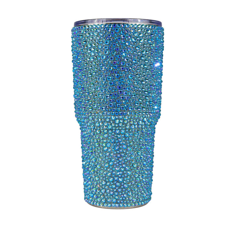 Aqua iridescent stainless steel tumbler with rhinestone embellishments covering the entire surface.