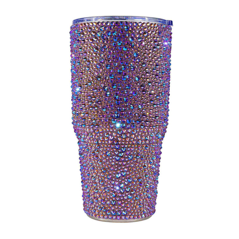 Lavender iridescent stainless steel tumbler with rhinestone embellishments covering the entire surface.