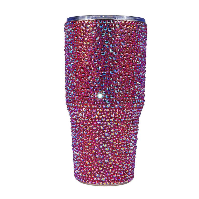 Red iridescent stainless steel tumbler covered in rhinestones with a smooth metallic rim and tapered base.