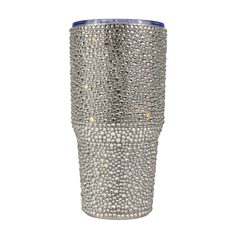 Silver stainless steel tumbler covered in rhinestones with a double-walled design and a blue rim at the top.