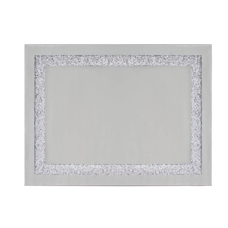 Elegant rectangular tray with mirrored glass surface silver crystal stripe border and smooth gray edges.