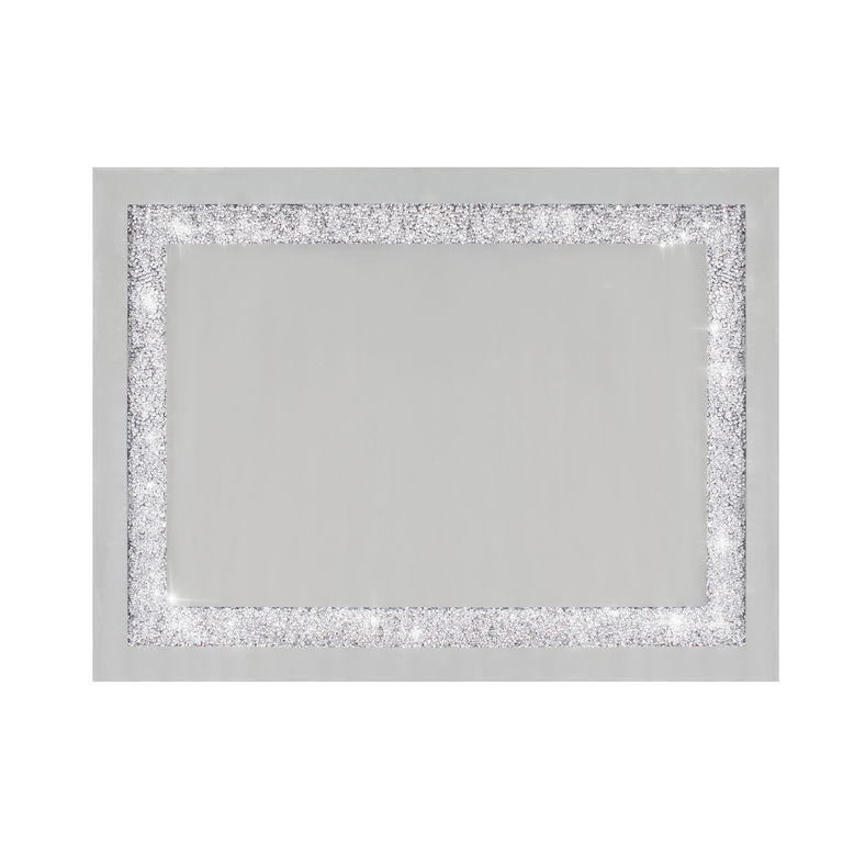 Elegant rectangular tray with mirrored glass surface silver crystal stripe border and smooth gray edges.