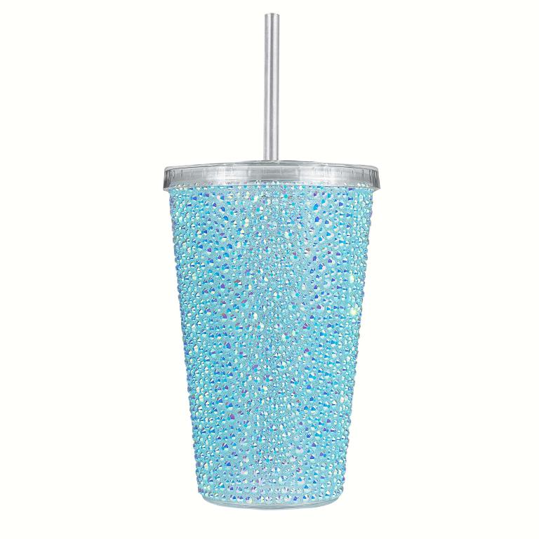 Aqua&#x20;iridescent&#x20;tumbler&#x20;covered&#x20;in&#x20;rhinestones&#x20;with&#x20;a&#x20;silver&#x20;lid&#x20;and&#x20;straw&#x20;made&#x20;of&#x20;BPA-free&#x20;acrylic&#x20;16&#x20;oz&#x20;capacity.