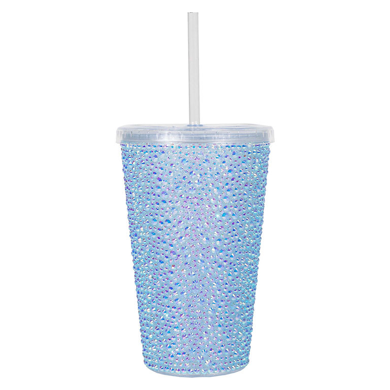 Light&#x20;blue&#x20;iridescent&#x20;acrylic&#x20;tumbler&#x20;with&#x20;rhinestone&#x20;embellishments&#x20;clear&#x20;lid&#x20;and&#x20;straw&#x20;featuring&#x20;a&#x20;tapered&#x20;shape.