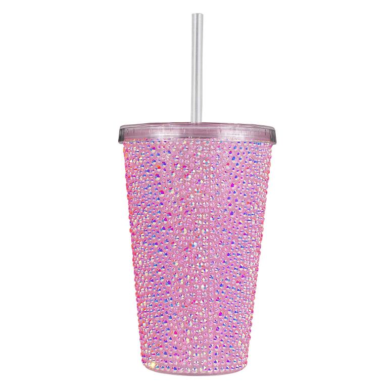 Pink&#x20;iridescent&#x20;acrylic&#x20;tumbler&#x20;with&#x20;rhinestone&#x20;embellishments&#x20;clear&#x20;lid&#x20;and&#x20;straw&#x20;featuring&#x20;a&#x20;textured&#x20;surface&#x20;and&#x20;cylindrical&#x20;shape.