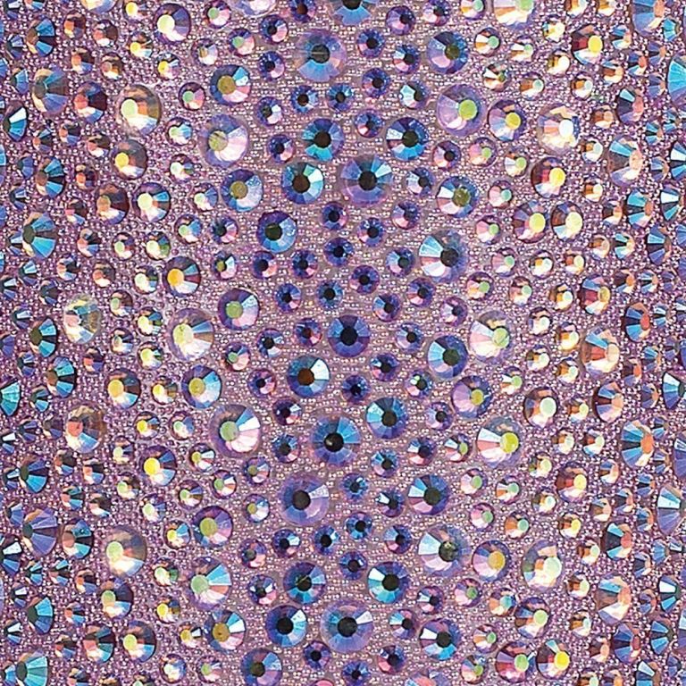 Lavender iridescent fabric adorned with various sizes of round rhinestones in shades of purple and blue.