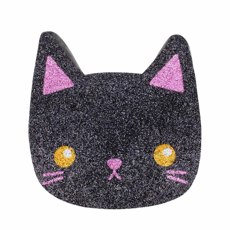 Black cat-shaped pillow with a glittery black surface pink ears yellow eyes and a pink nose.