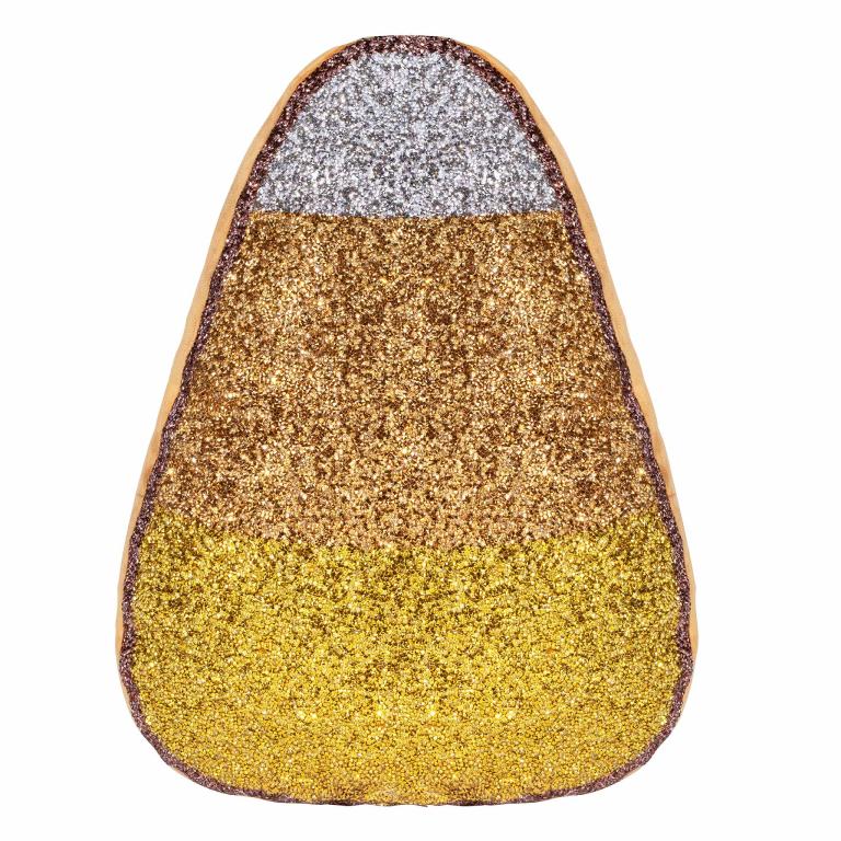 Candy corn shaped pillow with silver gold and orange glitter sections brown trim and a plush texture.