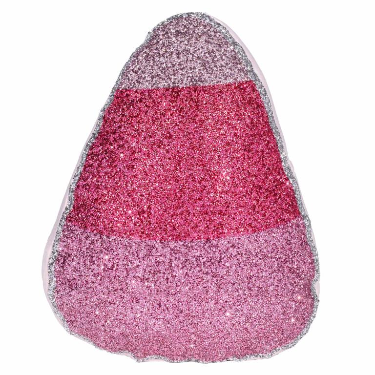 Pink glittery candy corn-shaped pillow with three distinct sections silver trim and a plush texture.