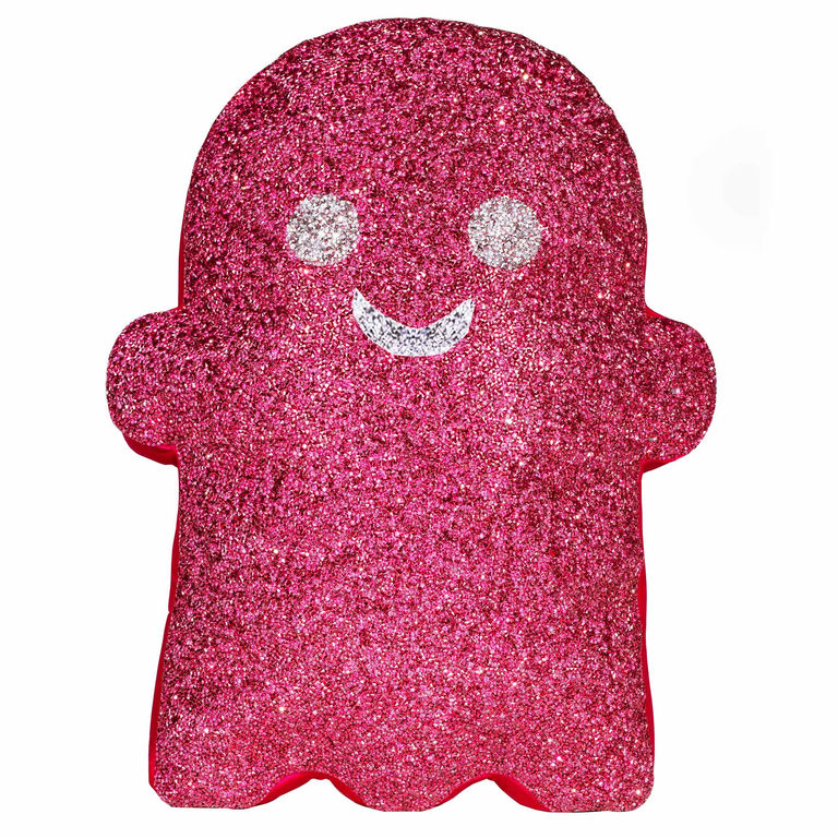 Pink ghost-shaped pillow with glittery texture silver rhinestone eyes and a smiling mouth plush filling and velvet back.
