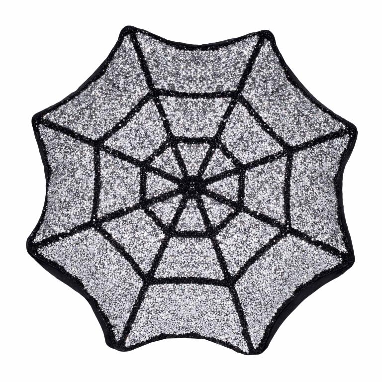 Spiderweb shaped pillow with a silver glitter surface and black embroidered web design featuring black and silver rhinestones.
