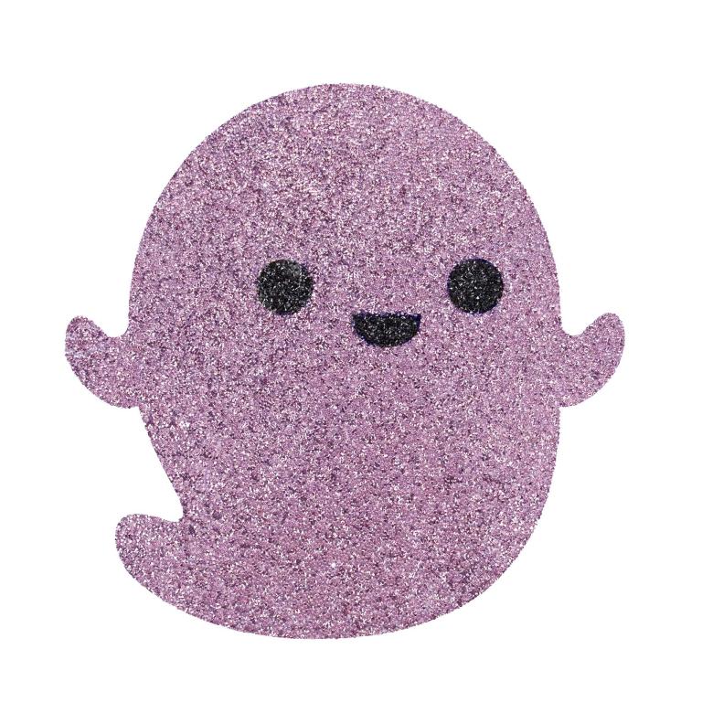 Purple glitter ghost placemat with black eyes and smile rounded shape playful arms sparkly texture.