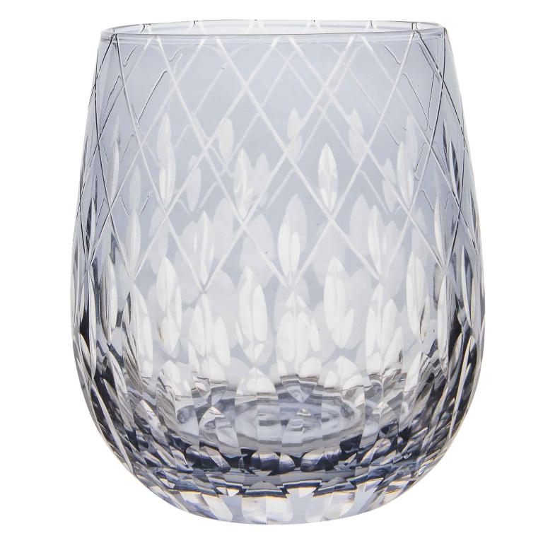 A set of four charcoal marquise cut crystal rocks glasses with diamond and leaf patterns featuring a smooth glossy texture.