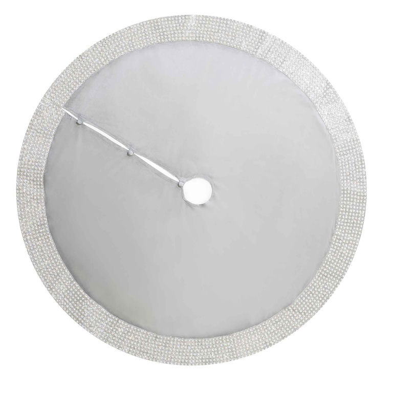 Silver velvet tree skirt with faux pearls and rhinestones around the edge featuring a button closure and central opening.