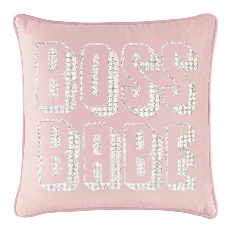 Blush&#x20;velvet&#x20;pillow&#x20;with&#x20;&quot;BOSS&#x20;BABE&quot;&#x20;in&#x20;faux&#x20;pearls&#x20;and&#x20;rhinestones&#x20;square&#x20;shape&#x20;soft&#x20;texture&#x20;and&#x20;piped&#x20;edges.