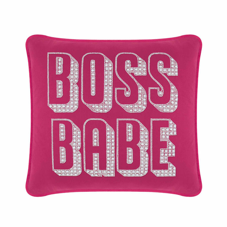 Fuchsia velvet pillow with "BOSS BABE" in rhinestone and faux pearl embellishments.
