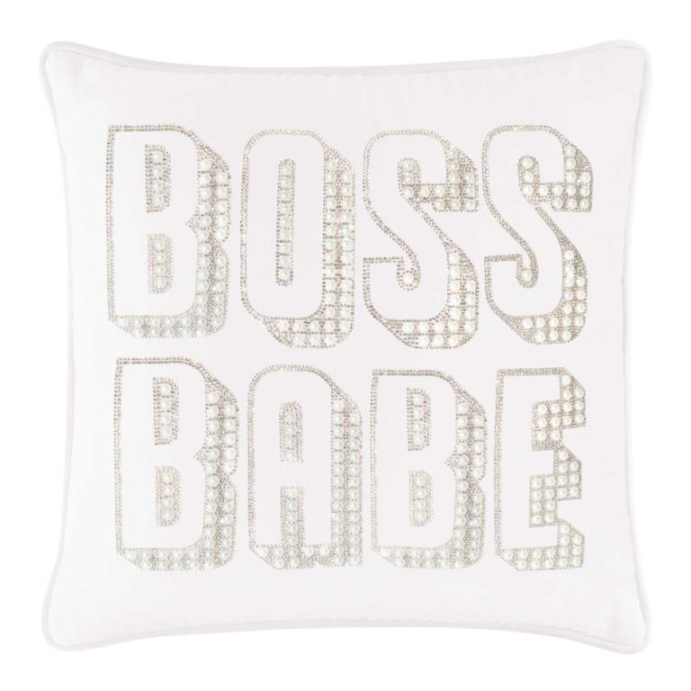 White velvet pillow featuring "BOSS BABE" in rhinestone and faux pearl embellishments.