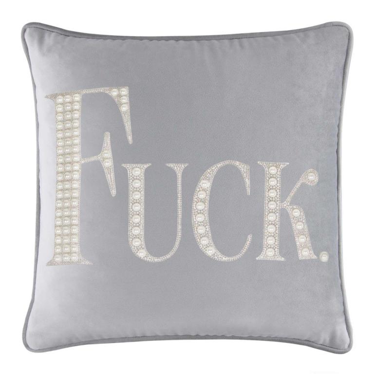 Square&#x20;silver&#x20;velvet&#x20;pillow&#x20;featuring&#x20;large&#x20;faux&#x20;pearl&#x20;and&#x20;rhinestone&#x20;embellishments&#x20;spelling&#x20;&quot;FUCK&quot;&#x20;with&#x20;a&#x20;gray&#x20;trim.