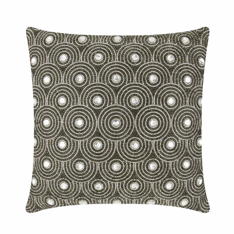 Charcoal velvet pillow with circular glass rhinestone embellishments in an orbital pattern.