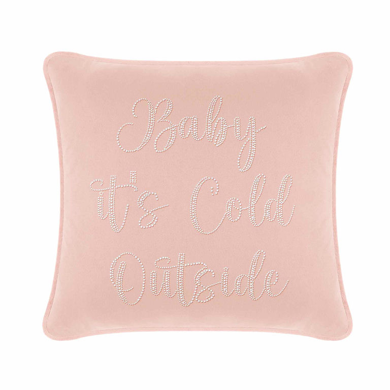Blush velvet square pillow with glass rhinestone embellishments spelling "Baby it's Cold Outside".