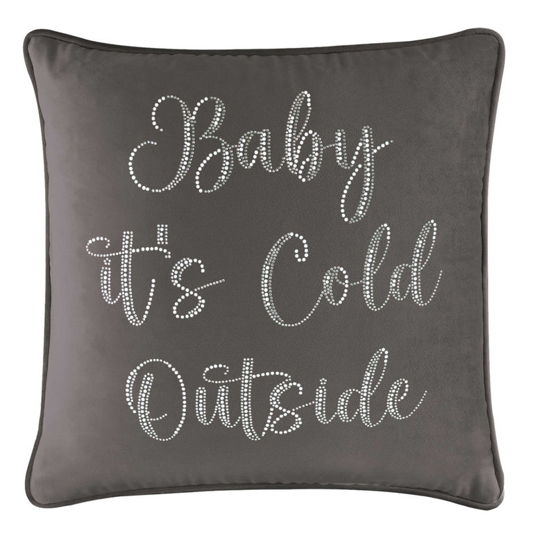 Charcoal velvet pillow with glass rhinestone lettering that reads "Baby it's Cold Outside" in a cursive font.