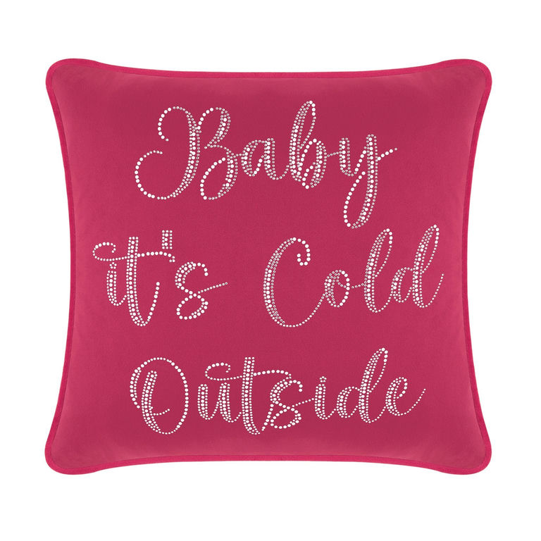 Fuchsia velvet pillow with glass rhinestone text reading "Baby it's Cold Outside" in a cursive font.