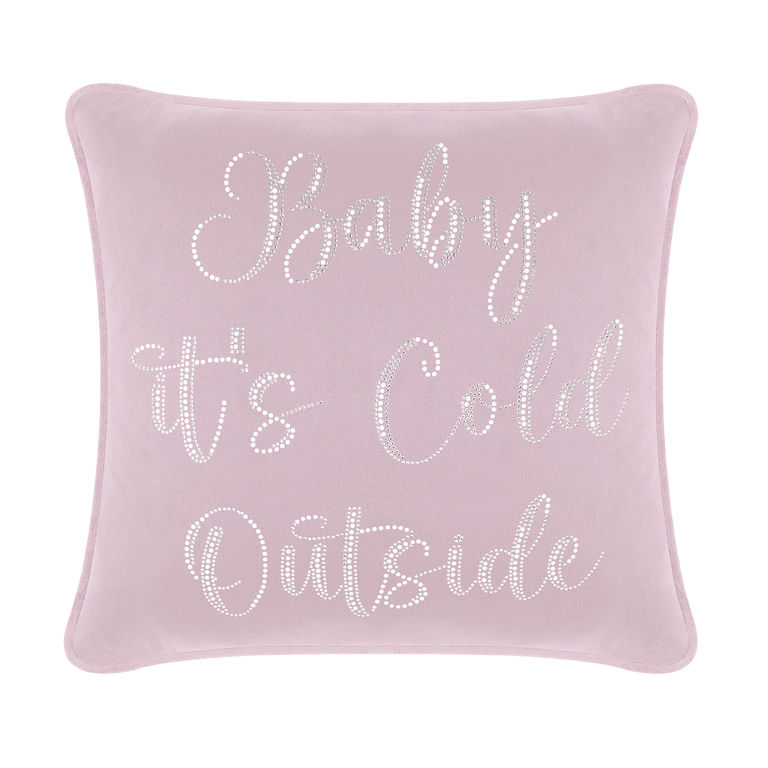 Lavender velvet pillow with glass rhinestone text "Baby it's Cold Outside" in a cursive font square shape soft texture.