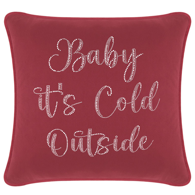 Burgundy&#x20;velvet&#x20;pillow&#x20;with&#x20;glass&#x20;rhinestones&#x20;spelling&#x20;&quot;Baby&#x20;it&#x27;s&#x20;Cold&#x20;Outside&quot;&#x20;in&#x20;cursive&#x20;and&#x20;block&#x20;lettering.