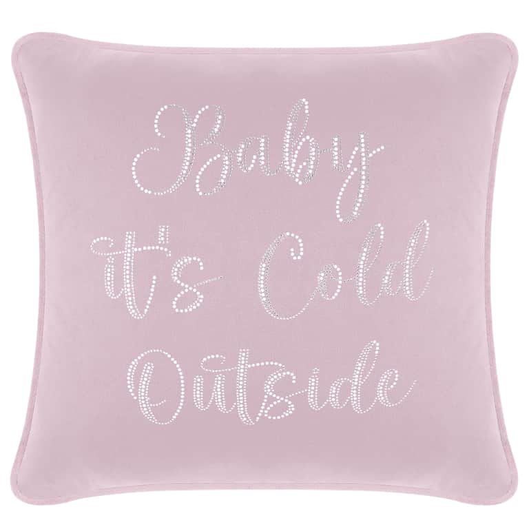 Lavender velvet pillow with glass rhinestones spelling "Baby it's Cold Outside" featuring a soft plush texture and piped edges.