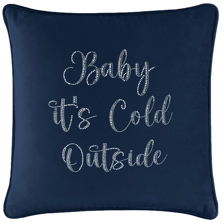 Navy velvet square pillow featuring glass rhinestones arranged in a cursive font with the text "Baby it's Cold Outside".