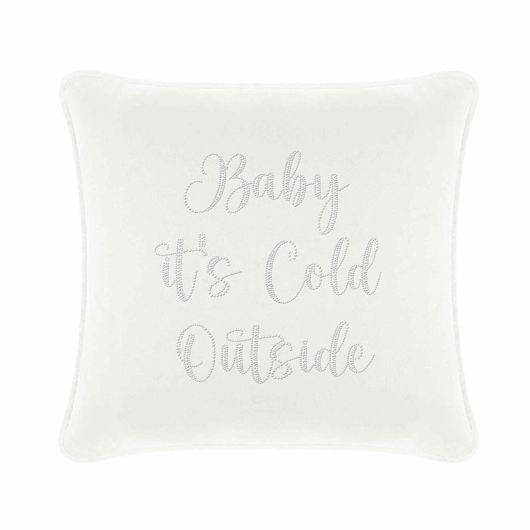 White velvet pillow with glass rhinestone text reading "Baby it's Cold Outside" featuring a soft plush texture.