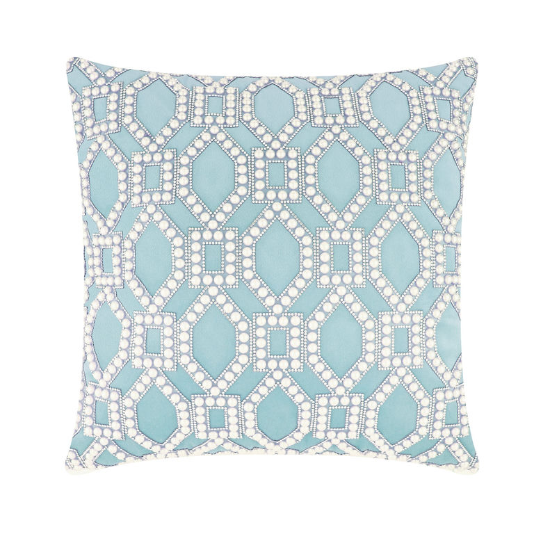 Aqua velvet pillow featuring a geometric lattice design with faux pearls and rhinestones in a diamond pattern.
