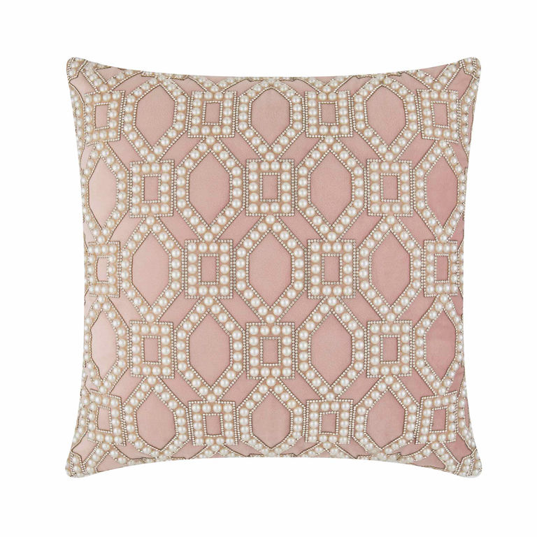 Blush velvet pillow with geometric pearl and rhinestone embellishments in a lattice pattern 16x16 inches.