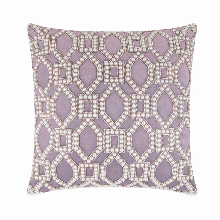 Lavender velvet pillow featuring a geometric pattern of faux pearls and rhinestones in a diamond and rectangular design.