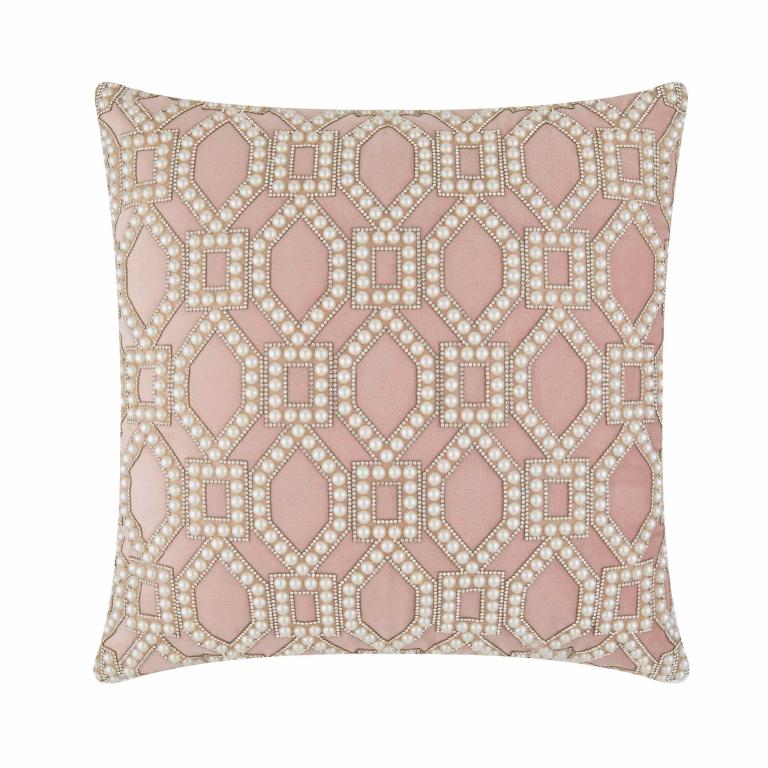 Blush velvet pillow with pearl and rhinestone lattice design featuring geometric shapes and a soft texture.