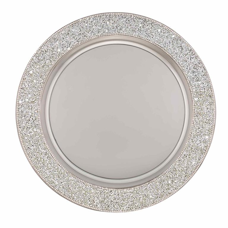 Silver charger plate with a smooth metallic center and a textured rhinestone band around the edge.