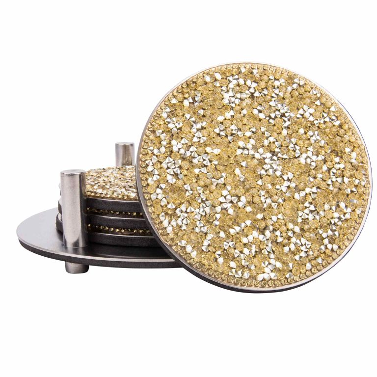 Round&#x20;stainless&#x20;steel&#x20;coaster&#x20;with&#x20;a&#x20;gold&#x20;rhinestone&#x20;surface&#x20;and&#x20;three&#x20;silver&#x20;studs&#x20;backed&#x20;with&#x20;protective&#x20;foam.