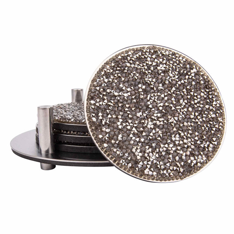 Round stainless steel coaster with a charcoal rhinestone surface and three metallic studs on the edge.