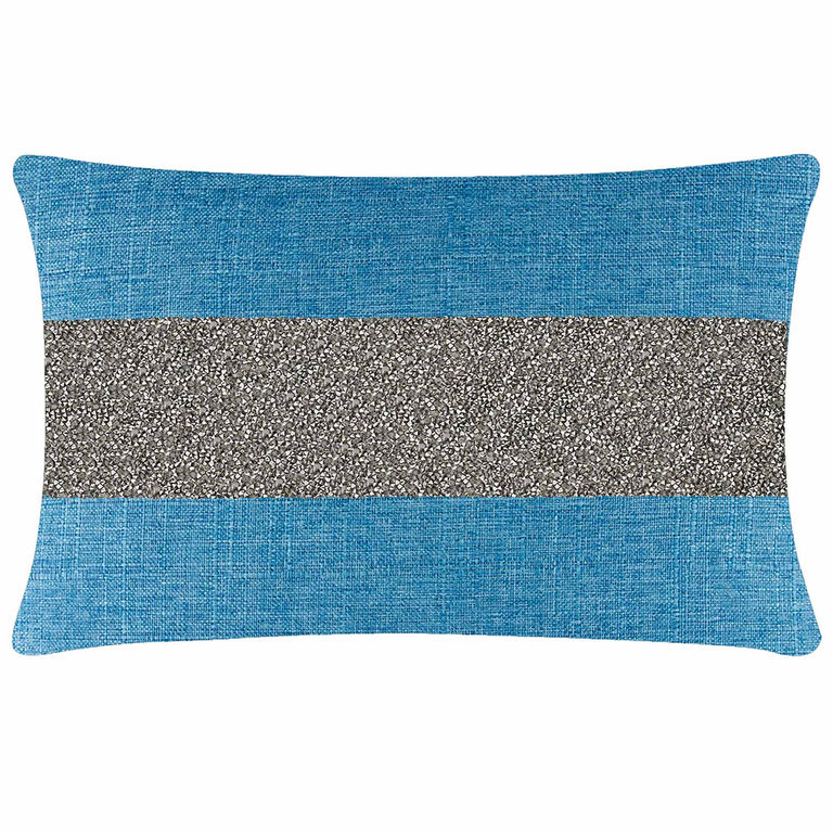 Aqua woven pillow with a charcoal rhinestone stripe featuring a rectangular shape and textured fabric surface.